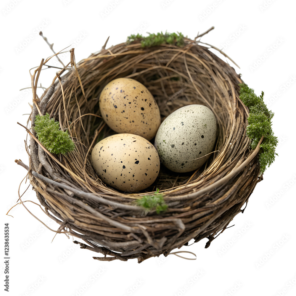 Nesting scene small bird's nest with three speckled eggs nature close-up tranquil environment, isolated on white or transparent background Nesting scene small bird's nest with three speckled eggs nature close-up tranquil environment, isolated on white or transparent background