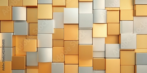 Futuristic metallic grid with polished gold and silver tiles reflecting soft light