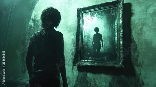 Dark reflection haunting a figure in an eerie room with a vintage mirror cast in green light. Generative AI