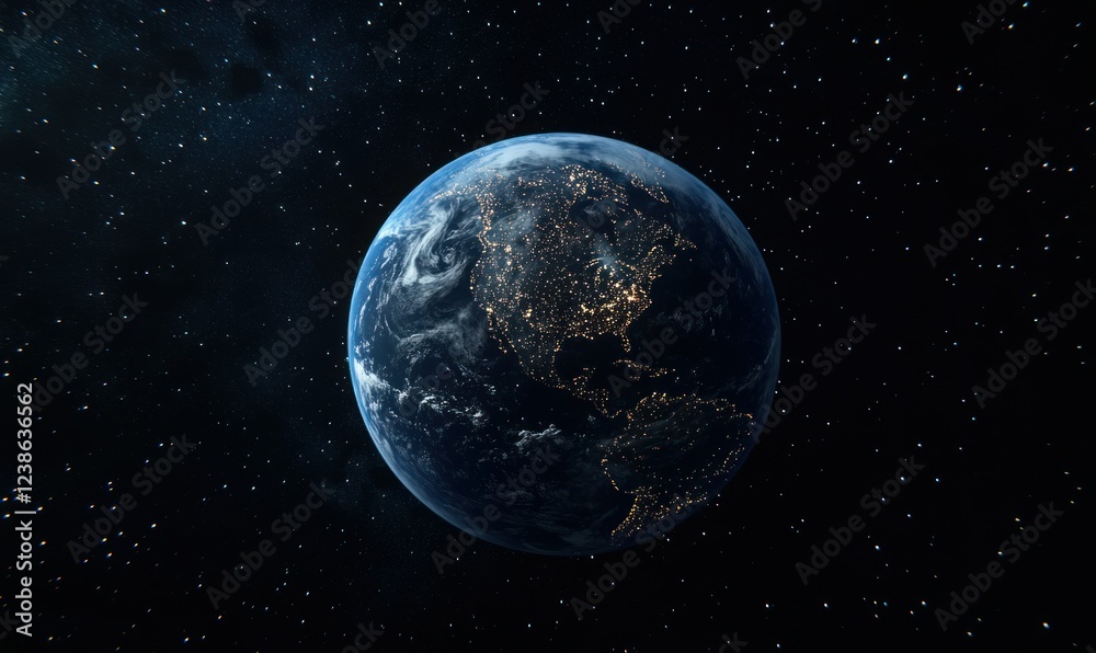 Obraz premium A stunning view of Earth at night from space, showcasing illuminated city lights across continents, surrounded by the vast darkness and sparkling stars of the universe