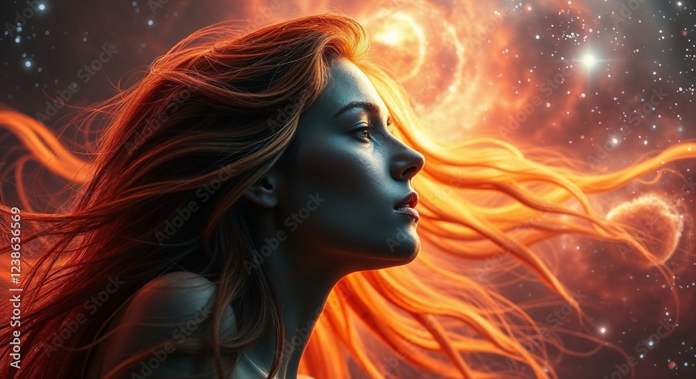 Profile of a Woman with Flowing Fiery Hair Against a Cosmic Nebula Background for Visionary and Artistic Concepts Profile of a Woman with Flowing Fiery Hair Against a Cosmic Nebula Background for Visionary and Artistic Concepts