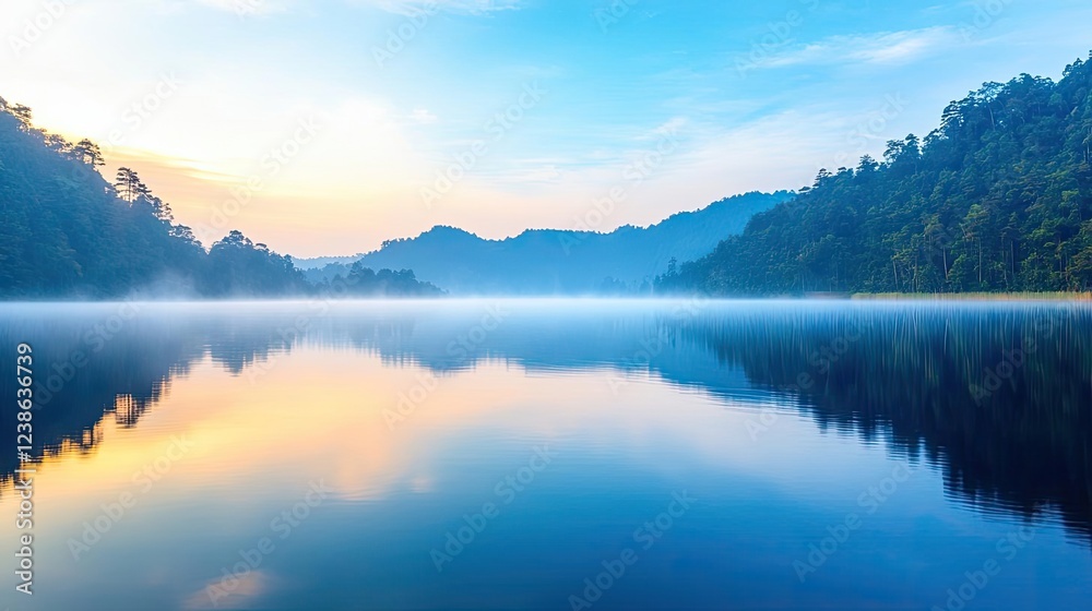 Fototapeta premium Morning mist nature concept. Serene lake reflecting colorful sky and lush mountains at dawn.