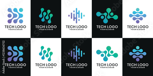 Set of technology logos with dot concept, colorful biotechnology molecule DNA symbol