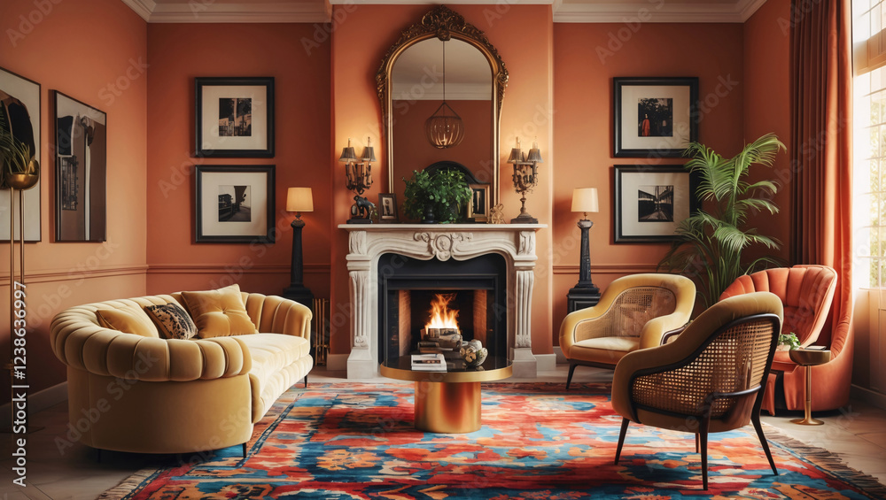 Fototapeta premium Eclectic living room design with a fluffy couch classic mirror intricate patterned carpet red and warm tone walls and a fireplace with a pink and peach color palette cozy atmosphere
