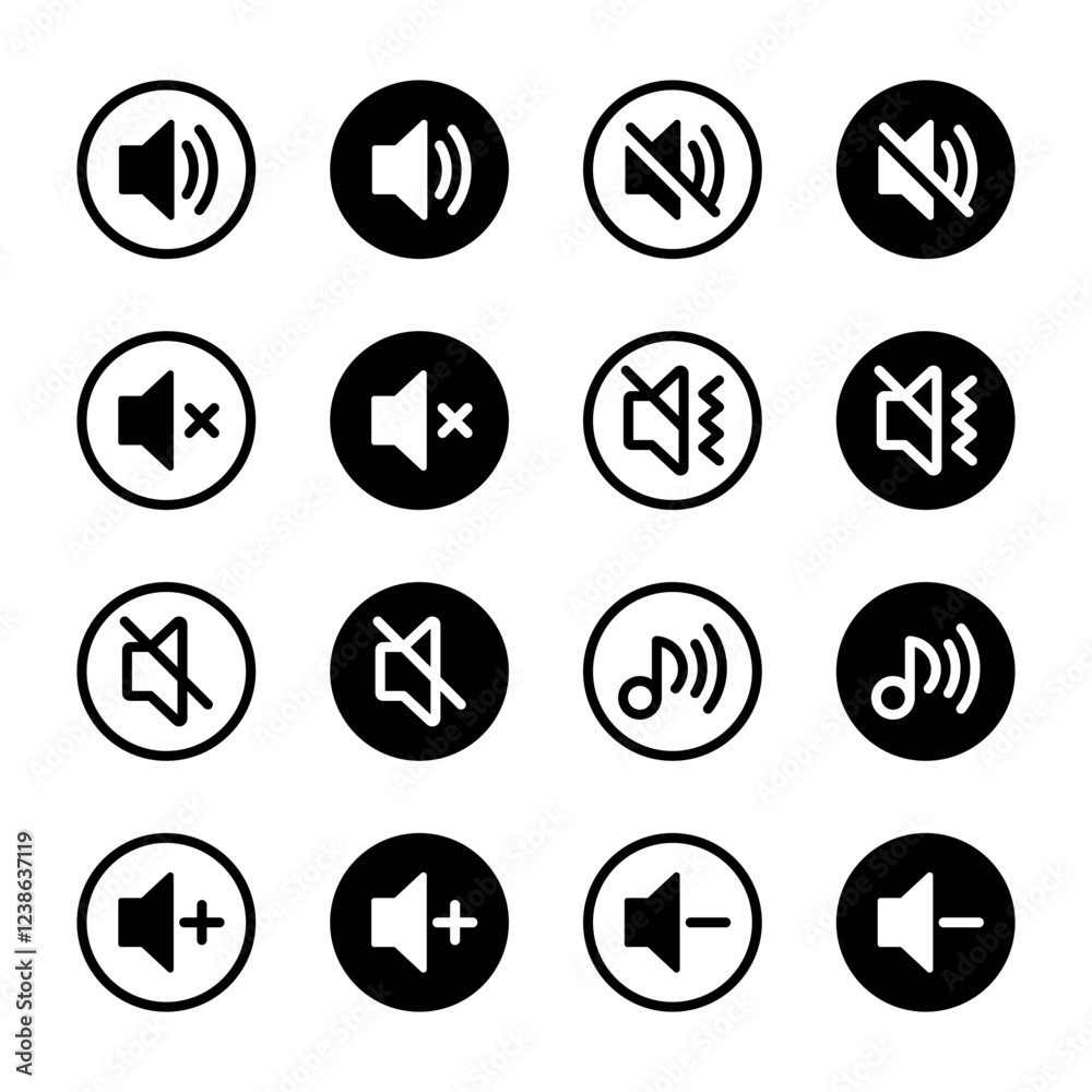 Speaker icon set. Volume, up, down, sound, ring, vibrate, silent, mute, media, notification, audio, music, logo, symbol, label, flat, black, line icons. Vector illustration Speaker icon set. Volume, up, down, sound, ring, vibrate, silent, mute, media, notification, audio, music, logo, symbol, label, flat, black, line icons. Vector illustration