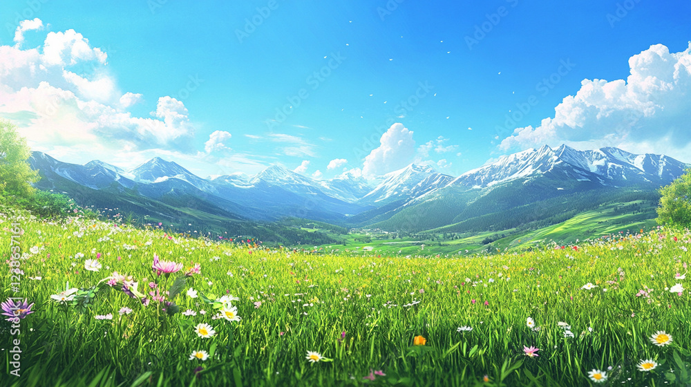 Fototapeta premium Lush green valley under a bright blue sky with rolling hills covered in wildflowers, distant snow-capped mountains on the horizon