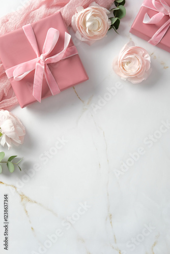 Pink gift boxes with ribbons and delicate ranunculus flowers on a marble background. Perfect for celebrations, weddings, or romantic occasions.