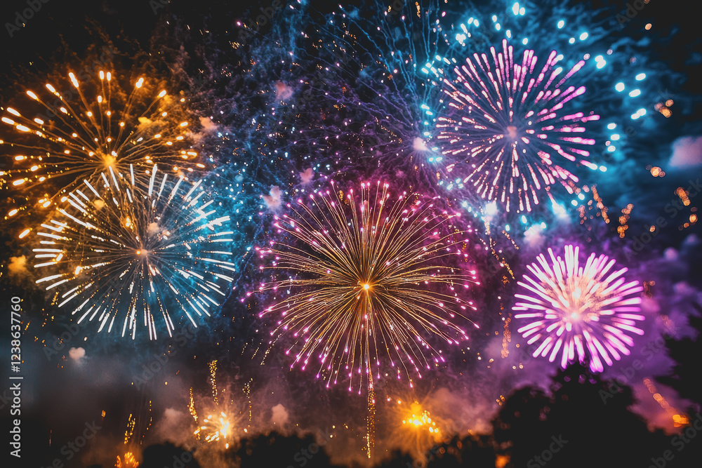 Fototapeta premium Colorful fireworks bursting in the night sky creating a vibrant display of light and color during a festive celebration or event