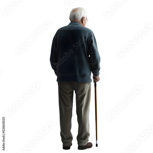 Elderly man with a walking stick, back view isolated on a white background