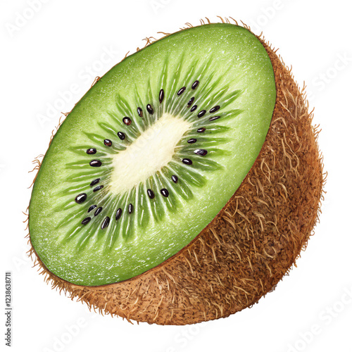 A sliced kiwi with vibrant green flesh, tiny black seeds, and a fuzzy brown exterior. AI Generative
