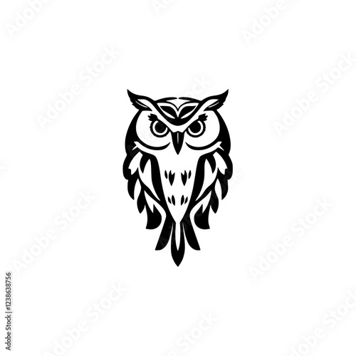 Majestic Owl: Black and White Vector Illustration. Perfect for logo, symbol, or graphic design projects.  Captures the wisdom and beauty of this nocturnal bird.