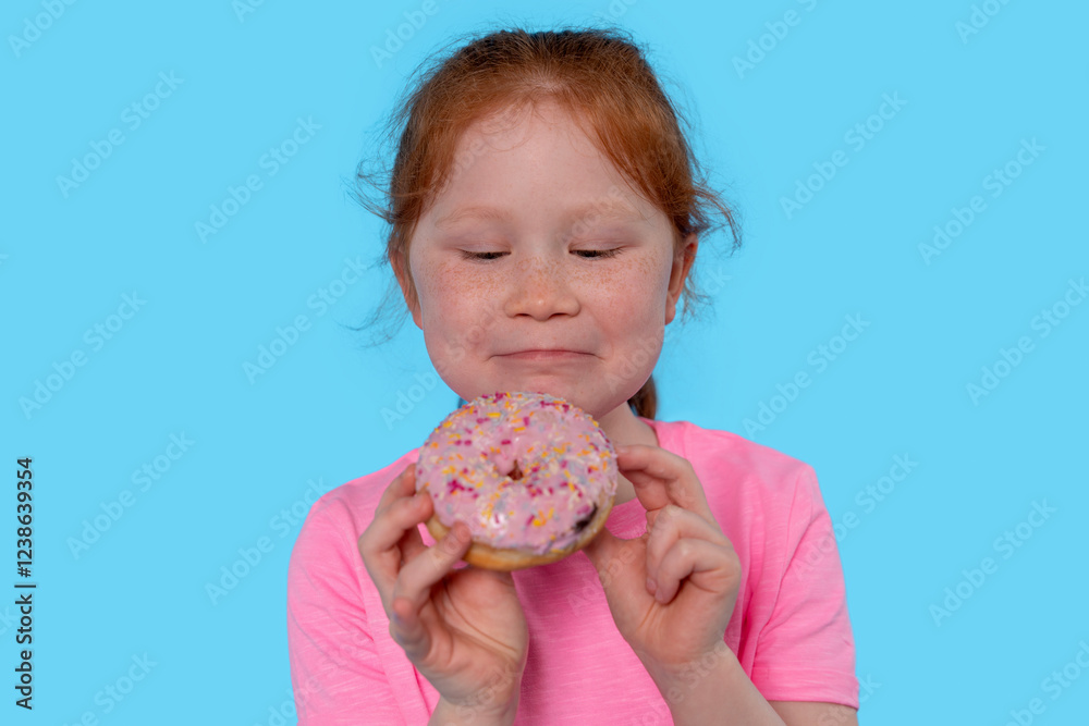 Young girl enjoys pink frosted donut with sprinkles against bright blue background Young girl enjoys pink frosted donut with sprinkles against bright blue background