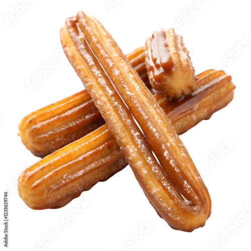 Delicious golden brown churros with sweet caramel sauce eat food treat on transparent background