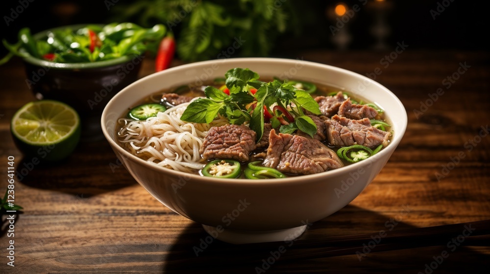 Traditional Vietnamese Pho Soup with Beef, Rice Noodles, and Fresh Herbs, Authentic Asian Cuisine, Comfort Food, Aromatic Dish, Street Food Culture, Warm Broth, Spicy and Savory Meal for Restaurants a Traditional Vietnamese Pho Soup with Beef, Rice Noodles, and Fresh Herbs, Authentic Asian Cuisine, Comfort Food, Aromatic Dish, Street Food Culture, Warm Broth, Spicy and Savory Meal for Restaurants a