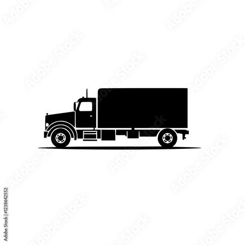 Black Truck Silhouette: A Bold Graphic of Cargo Transportation. Perfect for logistics, delivery, and shipping businesses. Depicts a powerful truck design.