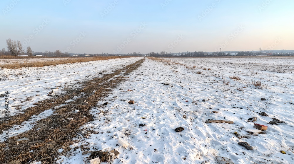 Snowy field road, winter landscape, rural scene, litter Snowy field road, winter landscape, rural scene, litter