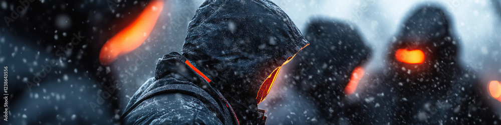 Hooded Figure in Snowstorm with Orange Lights Hooded Figure in Snowstorm with Orange Lights