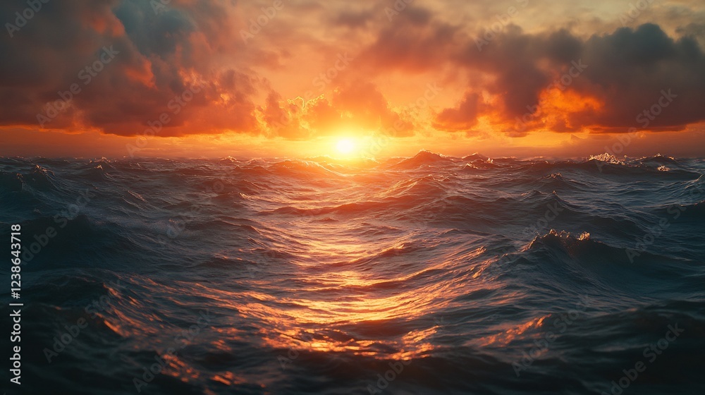 Fiery sunset paints ocean waves with warm light dramatic seascape. AI Generated Fiery sunset paints ocean waves with warm light dramatic seascape. AI Generated