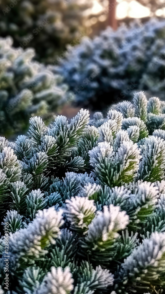 A picturesque winter garden scene with frost-covered plants at backyard. Exterior design. Close up of snow covered coniferous, evergreen, bushes on sunny day. Generative ai
