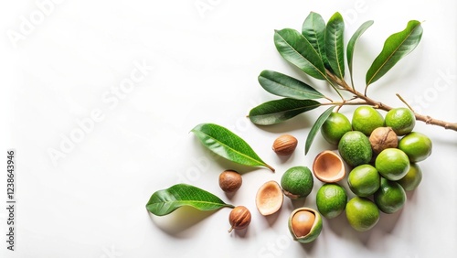 Wallpaper Mural Macadamia nuts and leaves on white background, showcasing natural beauty and healthy ingredients Torontodigital.ca