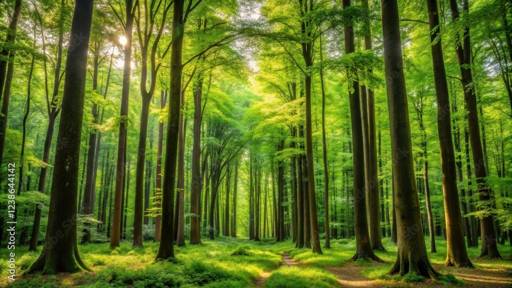 Fototapeta premium Towering Mature Trees with Saplings in Dense Forest , forest canopy, arboreal