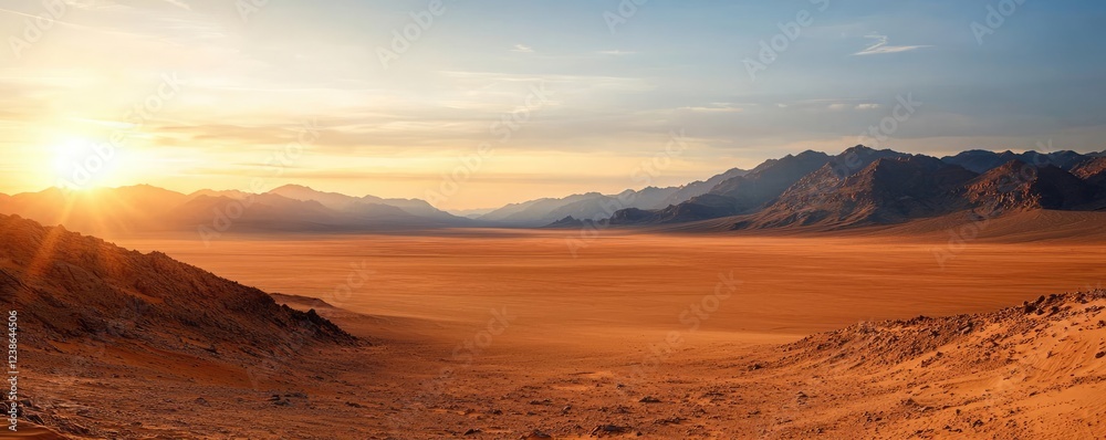 Naklejka premium Desert sunset nature concept. Stunning sunset over an expansive desert landscape with mountains in the background.