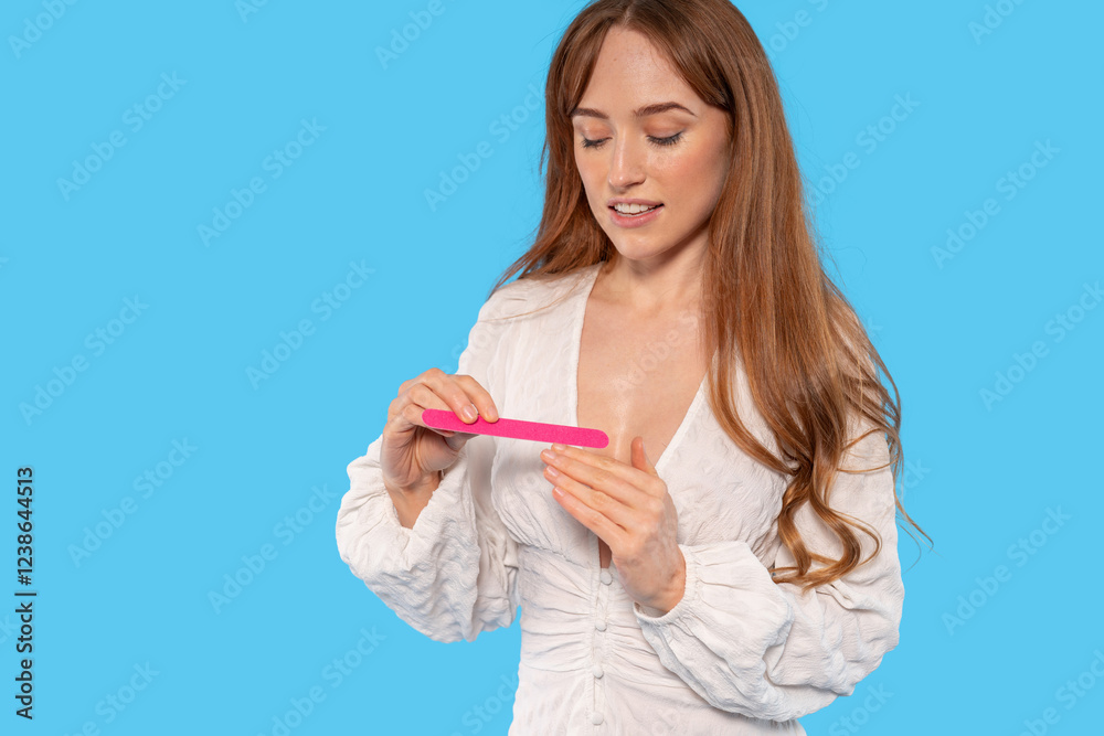 Woman using nail file against bright blue background while smiling and focused Woman using nail file against bright blue background while smiling and focused