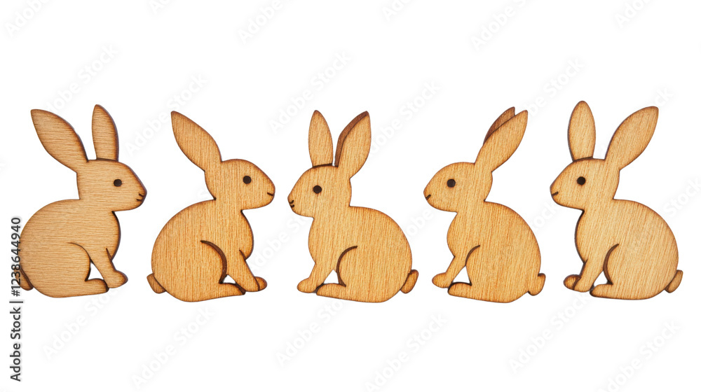 Fototapeta premium Five wooden easter bunnies sitting on transparent background