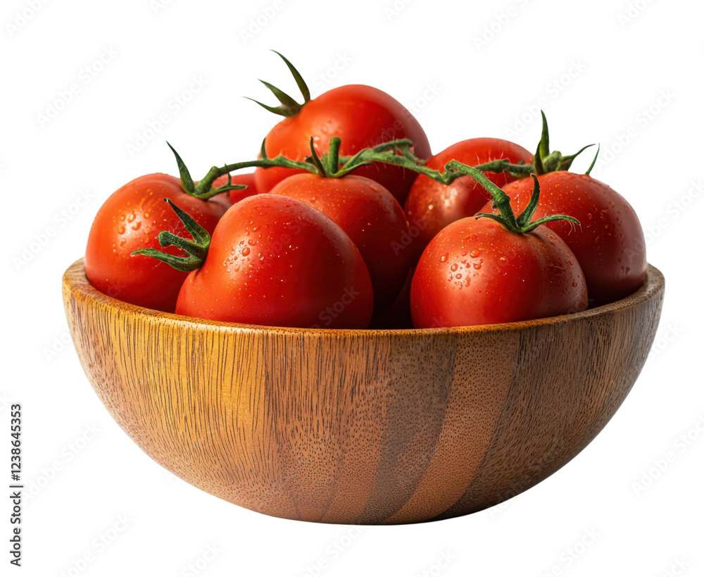 Fresh Red Tomatoes in Wooden Bowl with Green Stems and Water Drops Fresh Red Tomatoes in Wooden Bowl with Green Stems and Water Drops