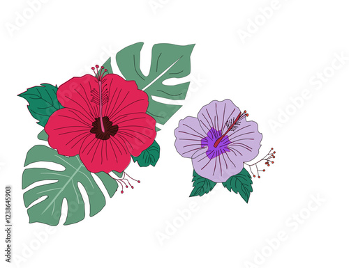 hibiscus flower. Hibiscus flower vector. Colorful hibiscus flower with tropical leaf. Flower vector. Hibiscus flower with monstera.  Hibiscus flowers and monstera leaves.