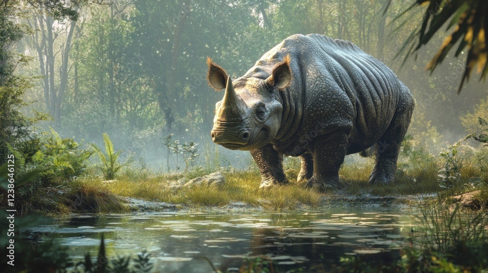 Fototapeta premium Majestic Rhinoceros in a Tranquil Forest Setting