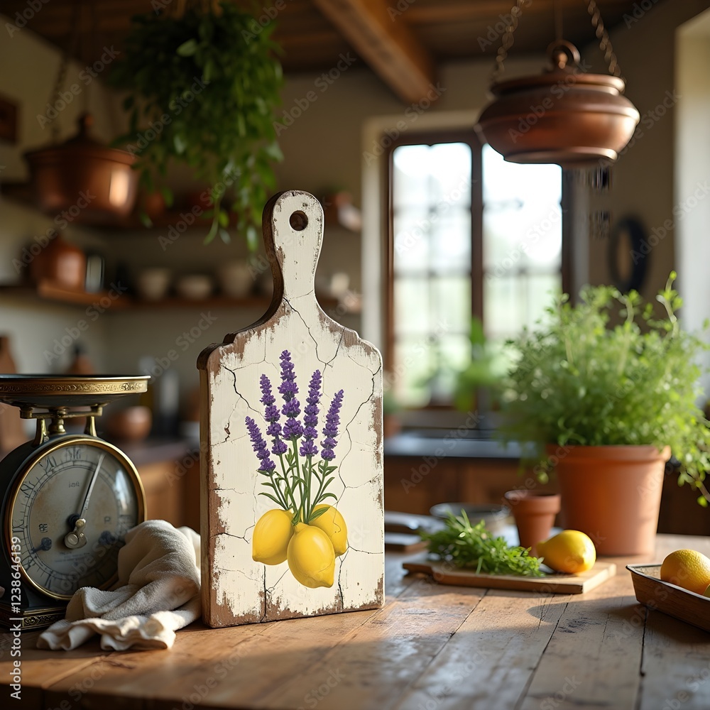 Fototapeta premium Elegant Lavender Lemon Cutting Board in Charming Rustic Kitchen with Copper Accents and Copy Space