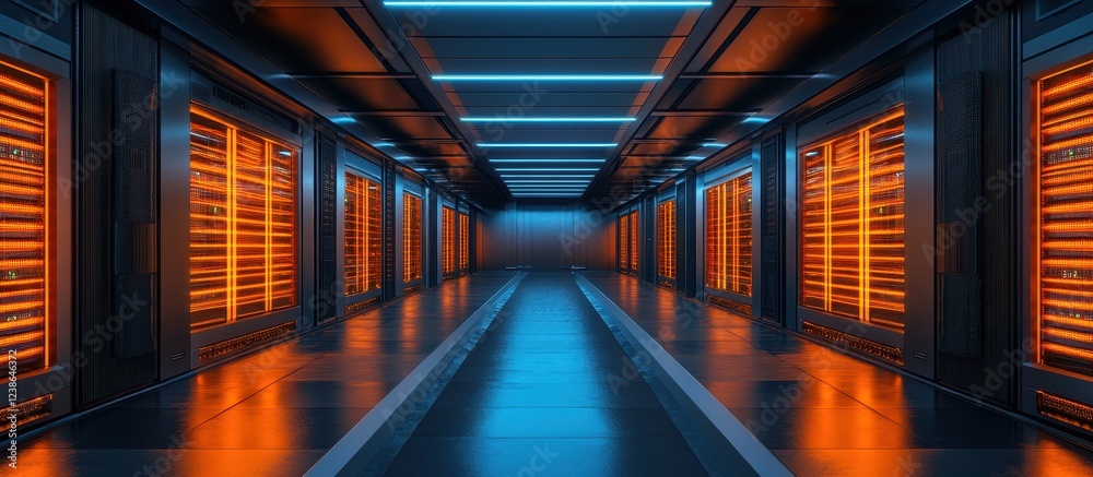 Fototapeta premium Futuristic Data Center Corridor with Glowing Orange and Blue Lights in a Modern Technology Environment