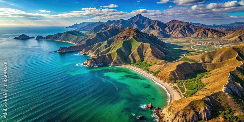 Obraz premium Aerial view of Baja California peninsula with lush green mountains and turquoise ocean