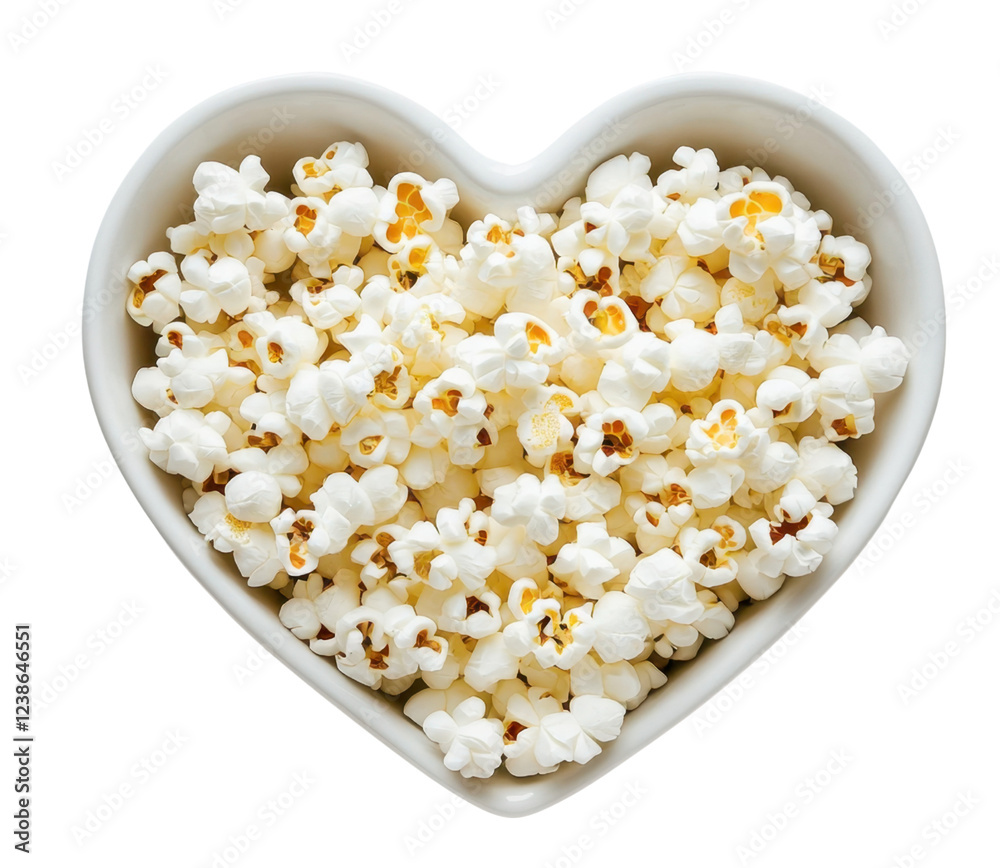 Heart-Shaped Bowl Filled with Delicious Fresh Popcorn Snack Heart-Shaped Bowl Filled with Delicious Fresh Popcorn Snack