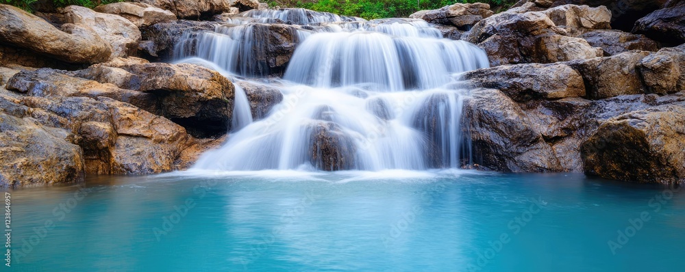 Obraz premium Waterfall scenes nature idea. A serene waterfall cascading over smooth rocks into a tranquil blue pool.
