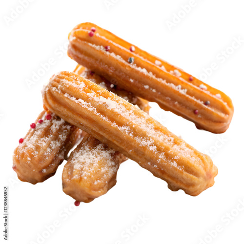 Delicious golden brown churros with powdered sugar sweet treat food snack on transparent background