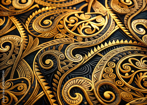 Intricate golden patterns create stunning design on dark background, showcasing rich tapestry of swirls and curves that evoke sense of elegance and artistry photo