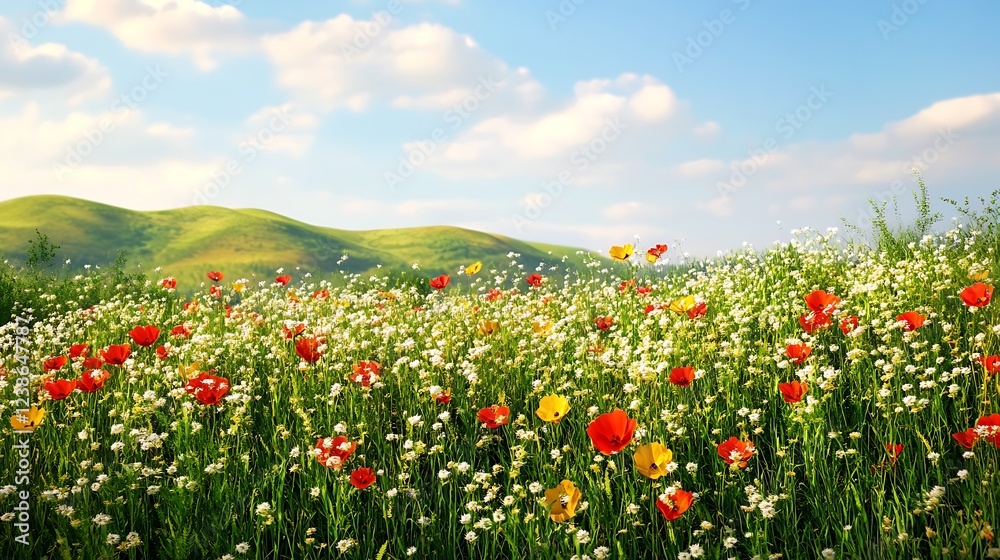A vibrant wildflower patch nestled among rolling green hills under a clear blue sky A vibrant wildflower patch nestled among rolling green hills under a clear blue sky