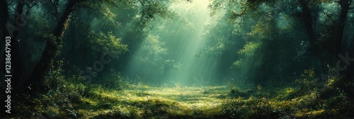 Lush Green Earth on Fertile Soil Under Soft Sunlight in Forest Surrounded by Ferns and Nature photo