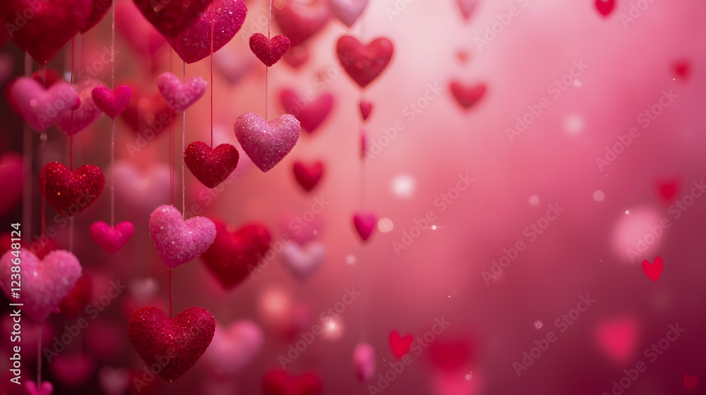 Beautiful Collection of Colorful Hearts Hanging on Strings with Soft Pink Background for Romantic and Heartfelt Designs Beautiful Collection of Colorful Hearts Hanging on Strings with Soft Pink Background for Romantic and Heartfelt Designs
