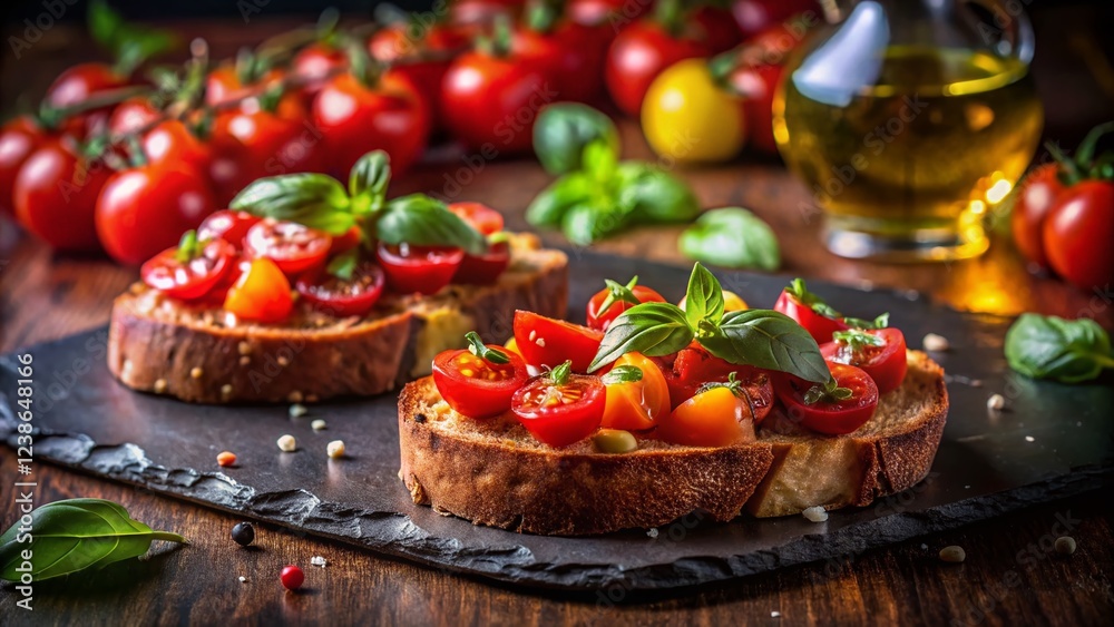 Delicious Bruschetta on Black Bread: Night Photography Delicious Bruschetta on Black Bread: Night Photography