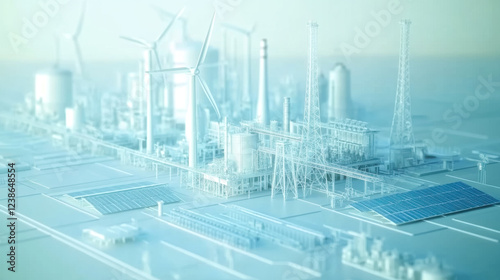 Aerial perspective on sustainable energy solutions in futuristic industrial settings