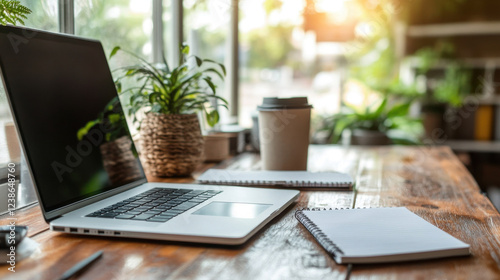 Bright and refreshing home office setup with a laptop, coffee cup, and notebooks on a wooden desk surrounded by lush green plants, illuminated by warm natural sunlight through large windows photo