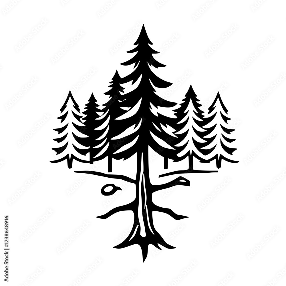 Obraz premium Majestic Pine Tree: A Black and White Forest Illustration