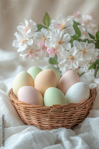A woven basket holds pastel-colored eggs, surrounded by delicate white and pink flowers on soft, textured fabric, reflecting a serene spring vibe
