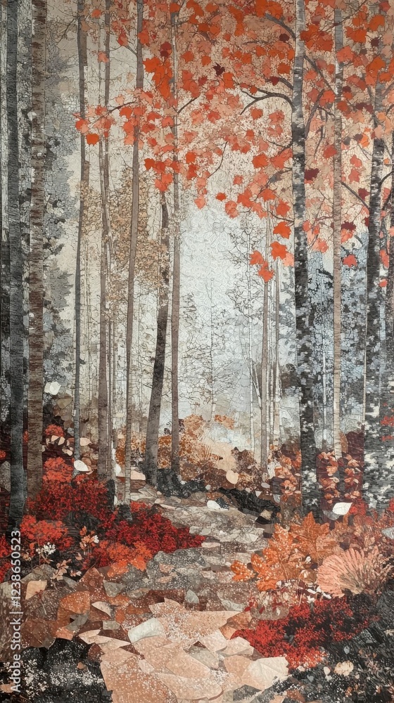 Autumnal Forest Path Through Red And Gray Trees Autumnal Forest Path Through Red And Gray Trees