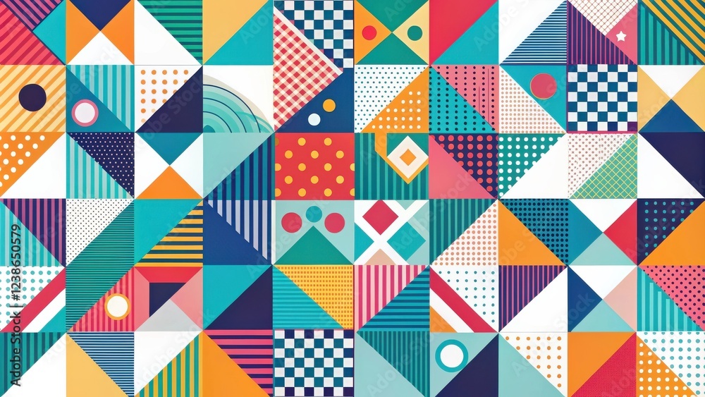 Vibrant Geometric Textile Design Featuring Triangles, Stripes, and Polka Dots Vibrant Geometric Textile Design Featuring Triangles, Stripes, and Polka Dots