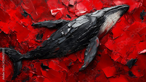 Striking abstract painting of a humpback whale in bold black and silver tones against a vivid red textured background. A powerful mixed-media artwork symbolizing marine life and environmental themes. photo