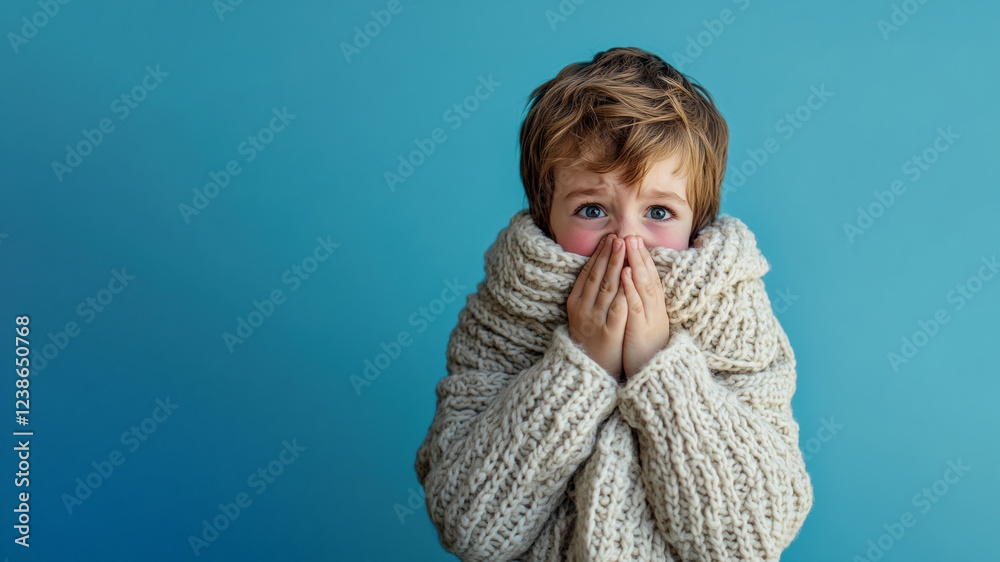Child wrapped in cozy sweater against blue background Child wrapped in cozy sweater against blue background